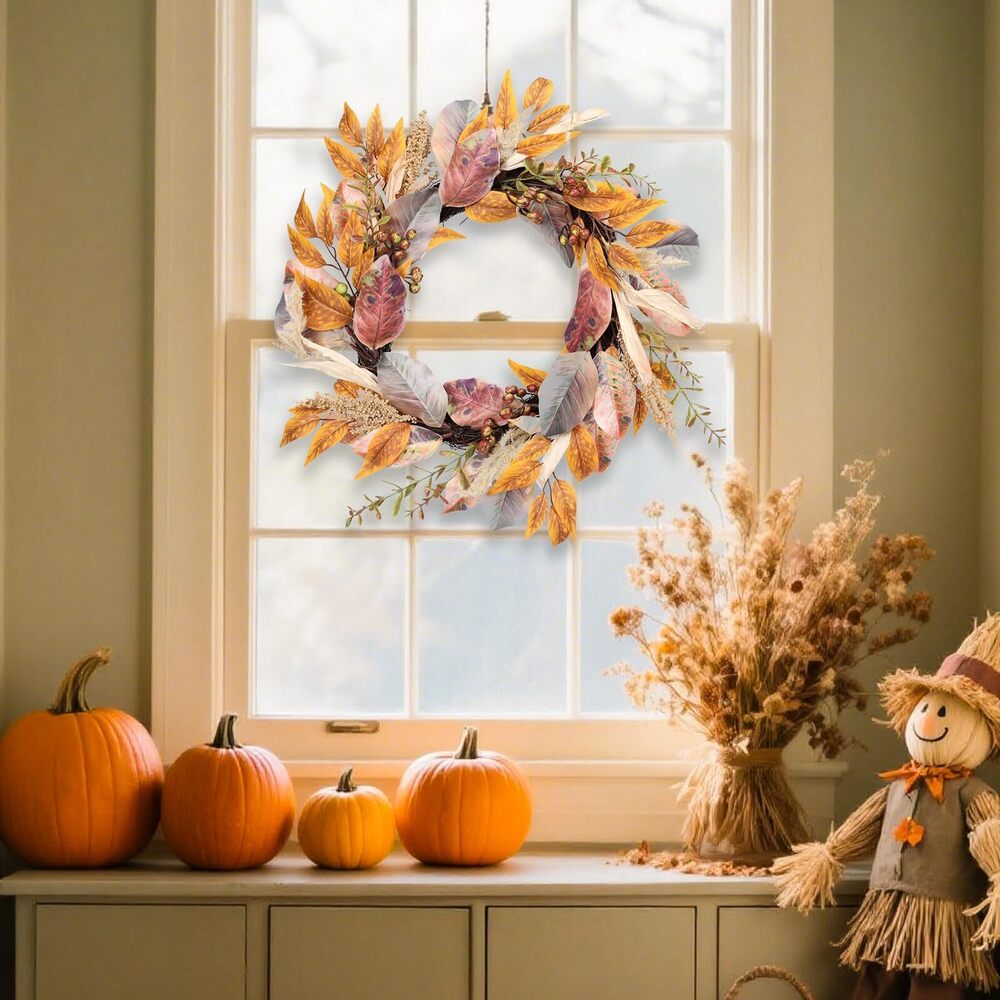 1338 20 Inch Fall Wreath Autumn Harvest Front Door Wreath with Leaves - Picture 5 of 8